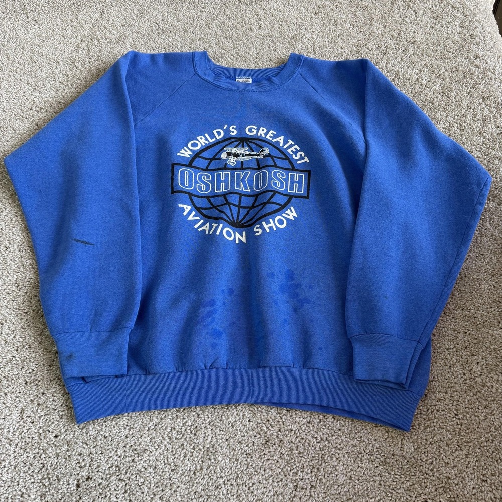 Vintage Fruit Of The Loom Sweatshirt Mens XL Blue Fleece Oshkosh Aviation Show